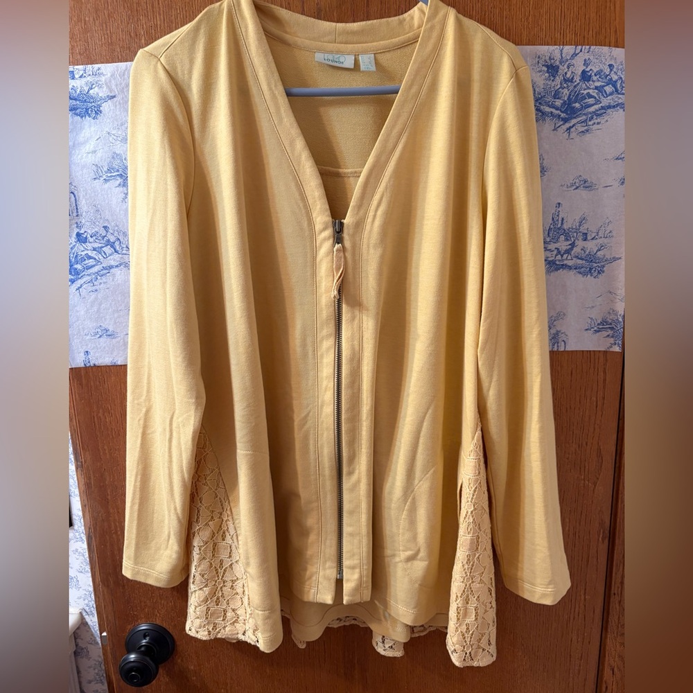 LOGO Lounge QVC Lori Goldstein Yellow Zip-Up Cardigan Lace Details L like new